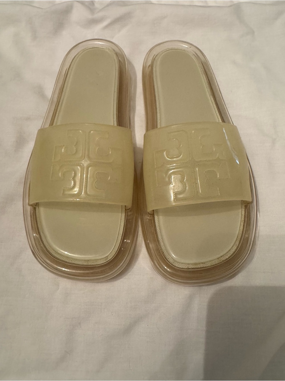 Tory Burch Pale Cream Jelly Logo Slide Sandals